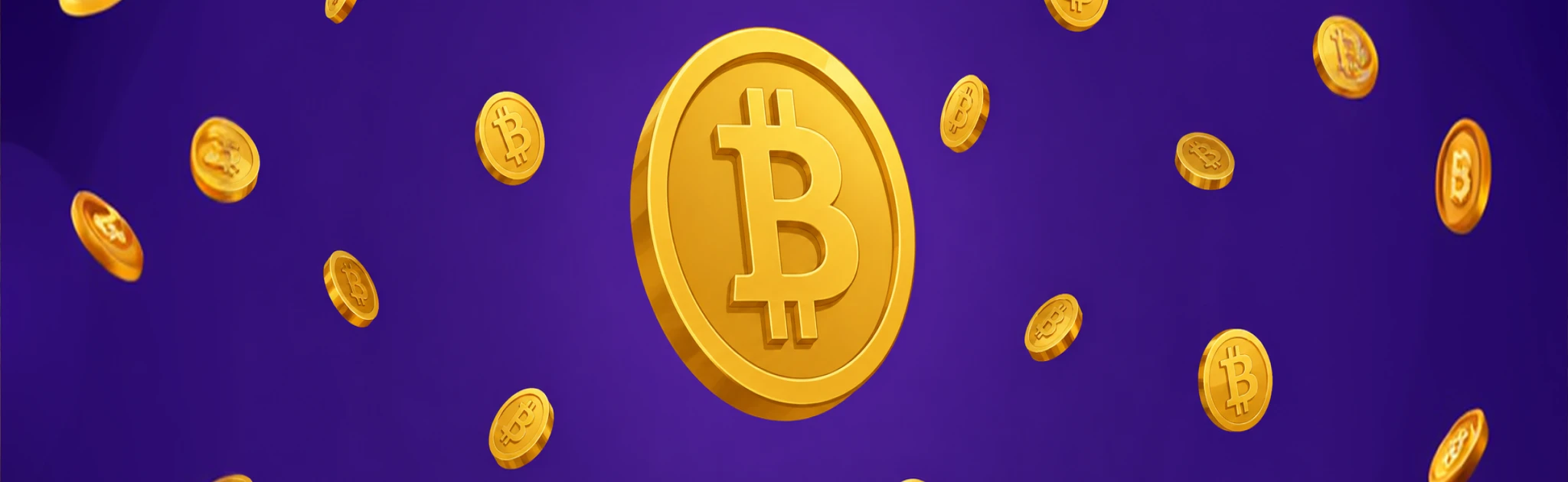 Crypto welcome offer banner from Duff Spin's casino lobby: golden Bitcoin-marked coins on a purple background