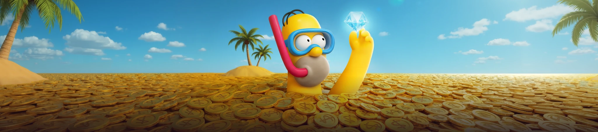 First-deposit offer banner from Duff Spin's casino lobby: the brand's cartoon mascot snorkelling through a sea of gold coins, holding up a diamond