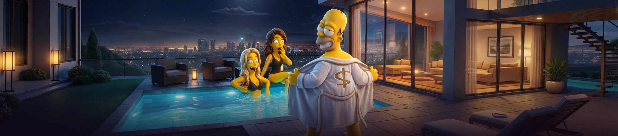 VIP welcome pack banner from Duff Spin's casino lobby: the brand's cartoon mascot in a robe beside a night-time villa pool