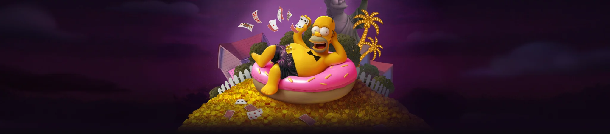 Welcome pack banner from Duff Spin's casino lobby: the brand's cartoon mascot lounging on a doughnut ring atop a pile of gold coins